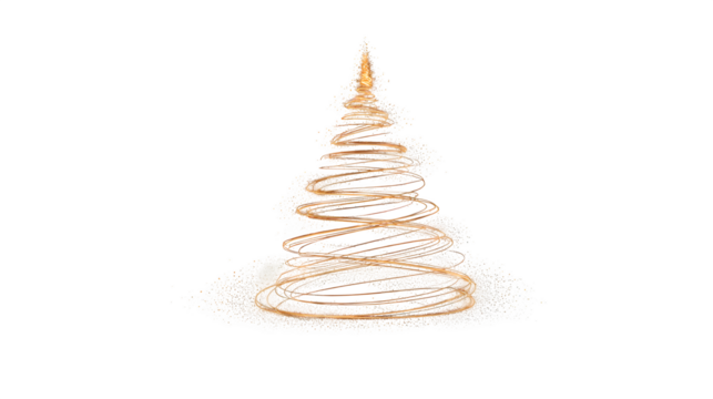 An abstract Christmas tree formed by a swirl of golden firework texture and thin stroke lines. Dynamic and festive graphic, isolated on a dark background. - Powered by Adobe