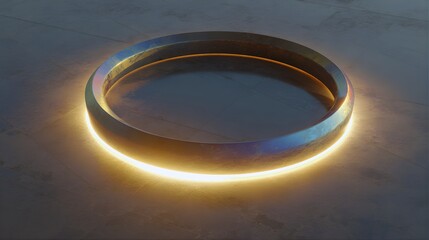 Shiny metallic ring with bright glowing halo on a dark reflective surface abstract