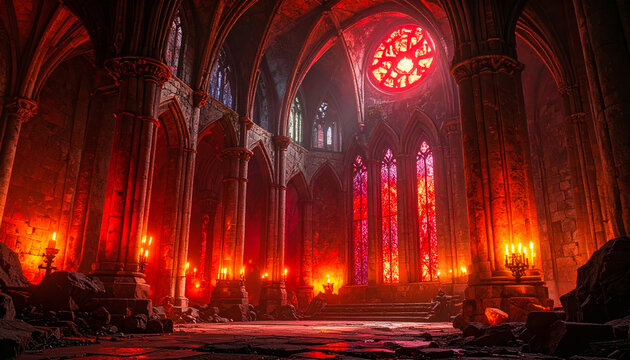 Gothic Cathedral Hall Illuminated by Red Candlelight
