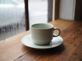 Obraz premium Minimalist cup on a saucer, set against a rainy window backdrop