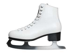 Single White Ice Skate Angled Side View with Visible Blade Reflection, Isolated