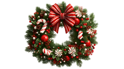 Christmas wreath made by tree branches with bow, berries, candy canes and decoration isolated on white background