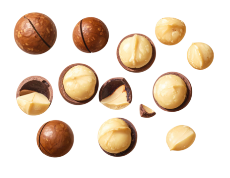 Top-Down View of Assorted Shelled Macadamia Nuts, Scattered Layout, Isolated on Transparent Background