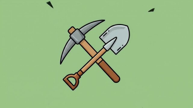 Cartoon Style Pickaxe and Shovel Graphic on Light Green Background Mining Concept Tool Symbols