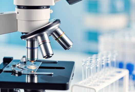 Close-up of a microscope with glass slides and test tubes in a laboratory