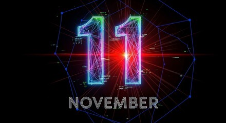 Dynamic digital network glows with November 11th date, symbolizing future technology and connections