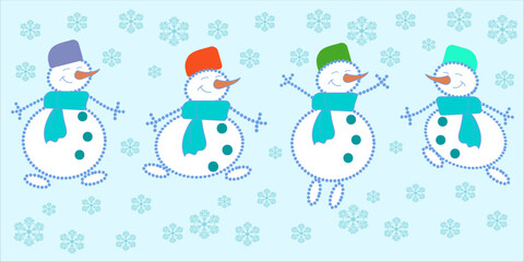 Cute dancing snowmen with snowflakes winter illustration