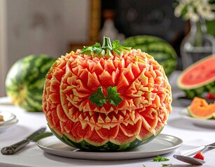 Artistic Watermelon Carving Displayed On A White Plate With Other Watermelons And Floral Arrangements