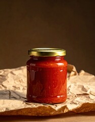 Jar Of Red Jam With Gold Lid Sitting On Brown Crumpled Paper Against A Brown Backdrop