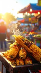 Grilled Corn on Cob Displayed At Street Food Market Stall With Smoky Steam and Golden Sunlight