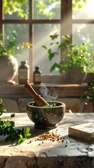 Close Up of Mortar and Pestle with Herbs and Smoke on Table Beside Window with Natural Lighting