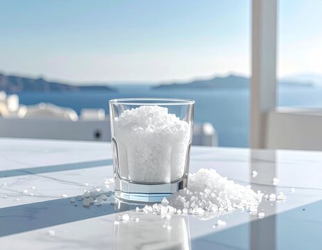 Close Up of Glass Filled with White Crystalline Substance on a Marble Table against Blurred Sea View