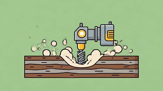 Animated Drill Drilling Through Wood with Sawdust Particles on a Pale Green Background Cartoon Style