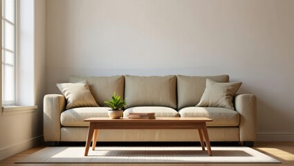 Fototapeta premium Cozy living room with a beige sofa and wooden coffee table, perfect for relaxation