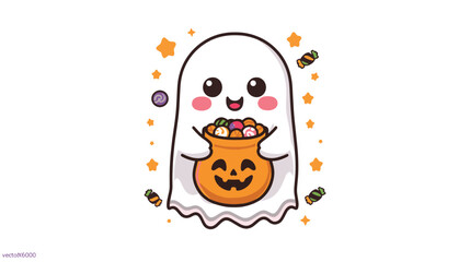 Fototapeta premium Happy Hawaii Ghost with Pumpkin Bucket and Colorful Candies Vector Design