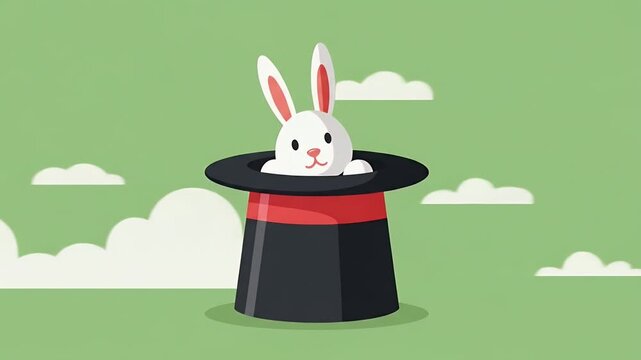 Pixelated White Rabbit Appearing from Black Magic Hat on Green Background with Clouds