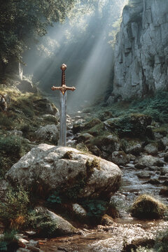 Sword embedded in rock near a stream illuminated by sunlight in a tranquil forest setting