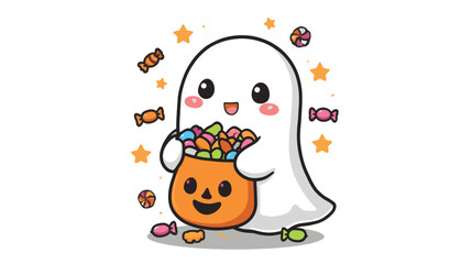Fototapeta premium Hawaii Halloween Ghost Collecting Candy in Pumpkin Bag Vector Art