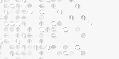 Randomly rotated white round circle flaps on white background wallpaper banner flat lay from above fading out with copy space