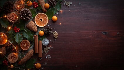 Christmas holiday rustic decoration background with pine cones and dried oranges view