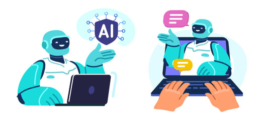 AI assistant. Man using laptop with robot assistant. Artificial intelligence technology concept