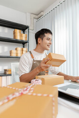 Ecommerce concept with startup entrepreneur handling goods, showing online store operations, digital retail solutions, and the role of innovation in global small business development.