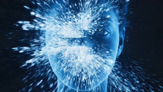 Digital human face in blue exploding with energetic particles. Abstract concept of data, thought, or consciousness burst.