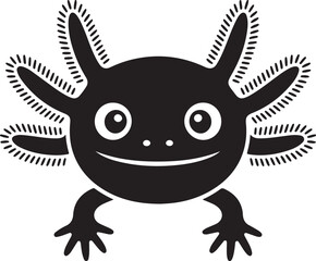 Cute black and white cartoon axolotl face with frilly gills