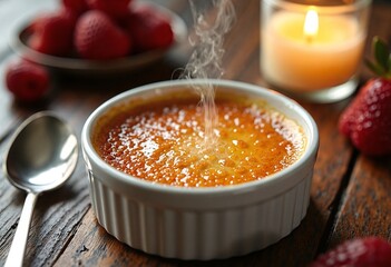Crème Brûlée, its smooth, velvety custard glistening under a perfectly caramelized sugar crust