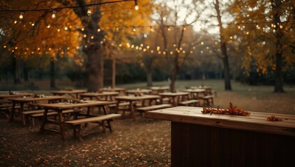 Outdoor autumn event venue with picnic tables and string lights for fall wedding party