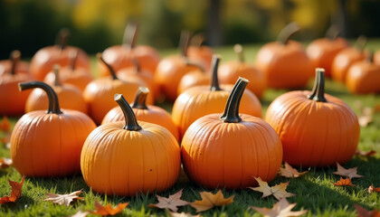 Multiple ripe pumpkins scattered on green grass with fallen orange maple leaves under bright autumn sun. Seasonal farming or harvest festival concept with copy space