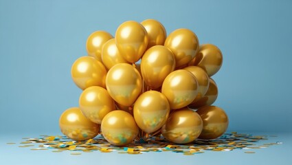 A cluster of shiny golden balloons surrounded by colorful confetti