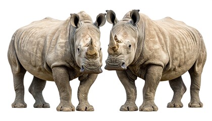 Obraz premium Two rhinos standing side by side, facing forward, with detailed skin texture against a white background