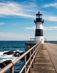 Black and white lighthouse standing tall by the ocean under a clear blue sky