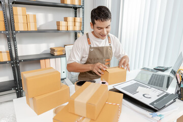 Ecommerce concept with startup entrepreneur handling goods, showing online store operations,...