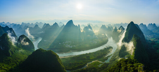 Aerial view of the Li River and famous karst mountain landscape in Guilin, China.