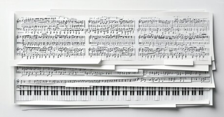 Music sheets, piano keys collage. Black, white tones dominate composition. Artistic, abstract presentation evokes melody, harmony.