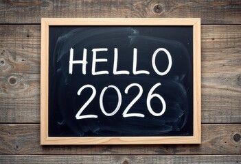 Hello 2026 written on a chalkboard against a rustic wooden background