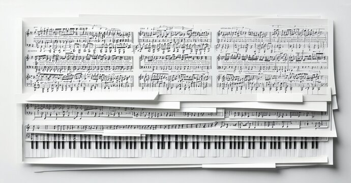 Music sheets, piano keys collage. Black, white tones dominate composition. Artistic, abstract presentation evokes melody, harmony. - Powered by Adobe