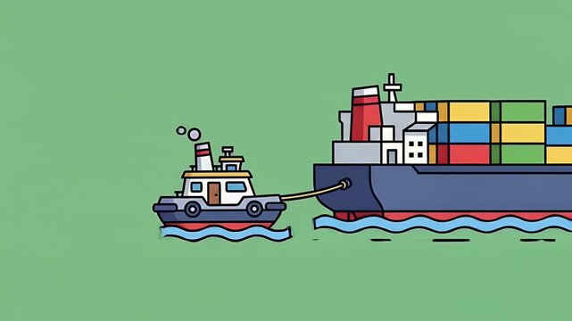 Animated Tugboat Towing a Large Cargo Ship on Green Background with Waves in Cartoon Style