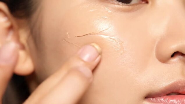 Close-up of finger gently exfoliating facial skin, removing dead skin cells during a skincare routine for a smooth, healthy complexion.