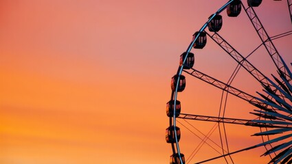 Ferris wheel silhouette against a vibrant sunset sky
