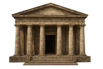Ancient greek temple design symbolizing history, culture, and civilization, featuring stone columns and steps on transparent background
