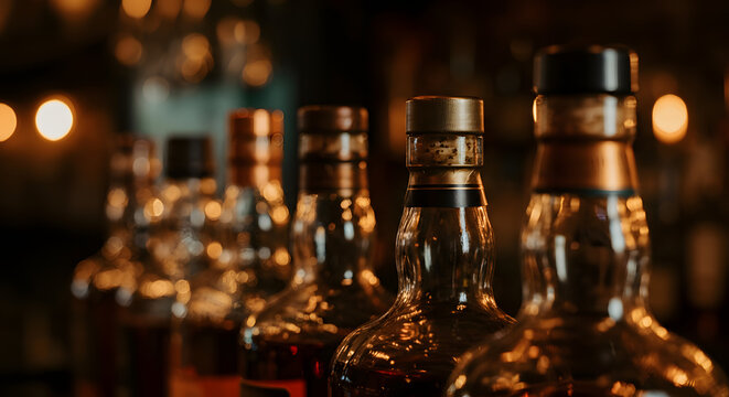 Liquor bottles in bar with focus on foreground