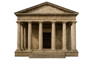 Classical building featuring doric columns and a triangular pediment, representing tradition, law, and history on a transparent background