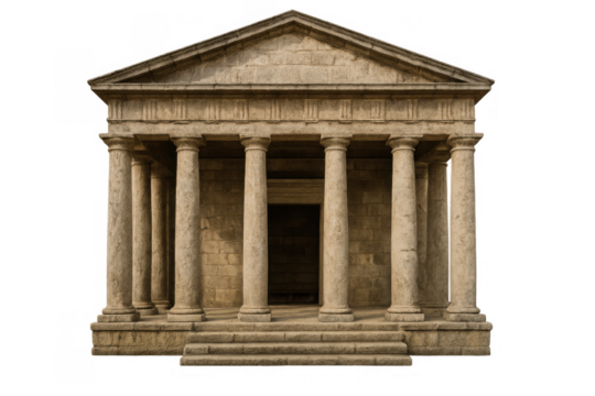 Classical building featuring doric columns and a triangular pediment, representing tradition, law, and history on a transparent background