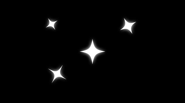 Twinkling sparkle animation on Black screen with flat vector doodle shine, glitter burst, and glowing light motion in retro style featuring bright optical flare, radiant waves and magical sparkle.4k