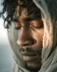 Evocative Close-up Portrait of a Serene Man with Closed Eyes and Sweating Forehead Under a Veil, Capturing Intense Emotion, Golden Hour Light, and Expressing Effort, Spirituality