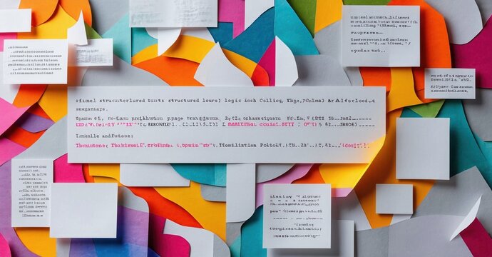 Colorful paper pieces cover wall. Text snippets visible, suggesting data, code, information overload. Abstract composition, modern aesthetic.