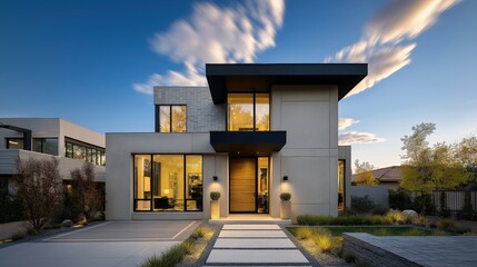 Villa contemporaine aux lignes &eacute;pur&eacute;es illumin&eacute;e au coucher de soleil